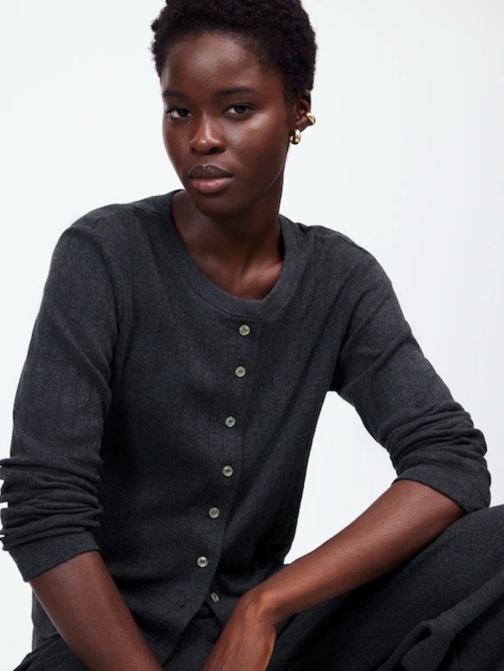 LESET x Madewell Pointelle Classic Crew Cardigan Grey Melange Sz XS